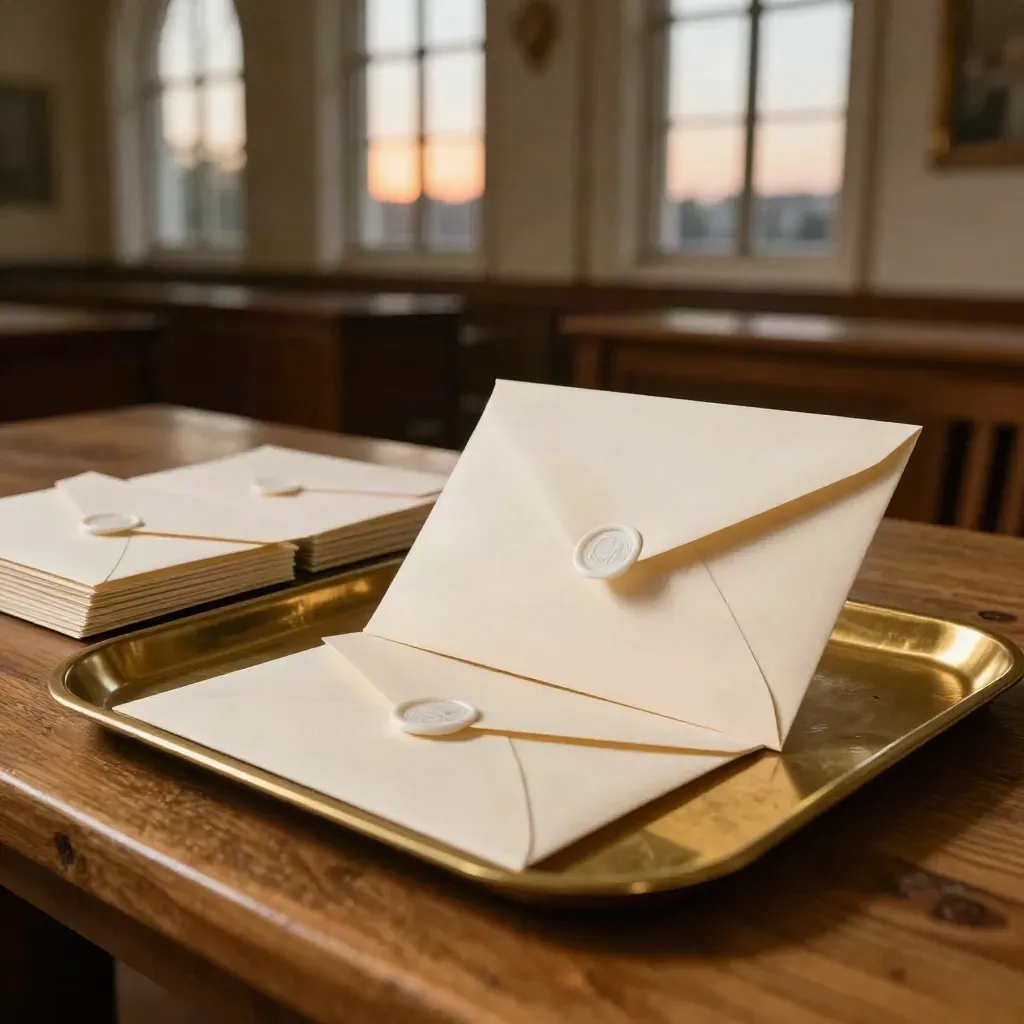 Brass tray with sealed donor appeal envelopes and thank-you notes on a parish hall table at dusk