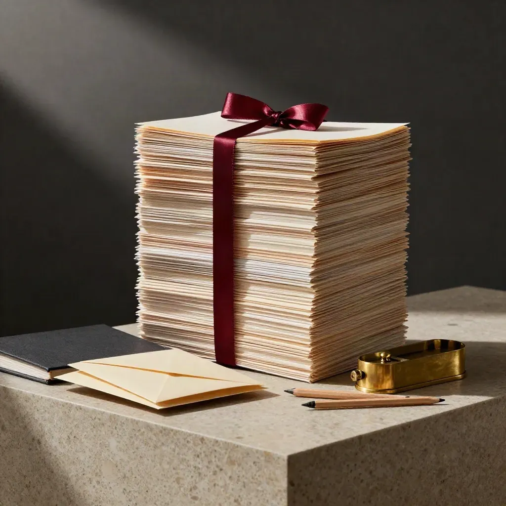 Press packets, impact binder, donor envelopes and brass paperweight in moody archive light.