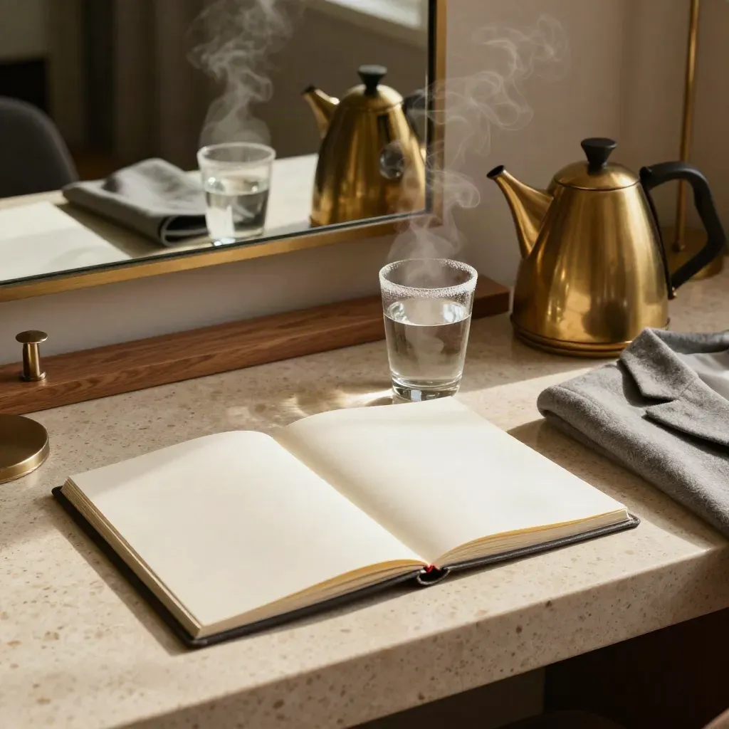Hotel vanity with prep binder, water glass, folded blazer, and kettle steam in soft morning light