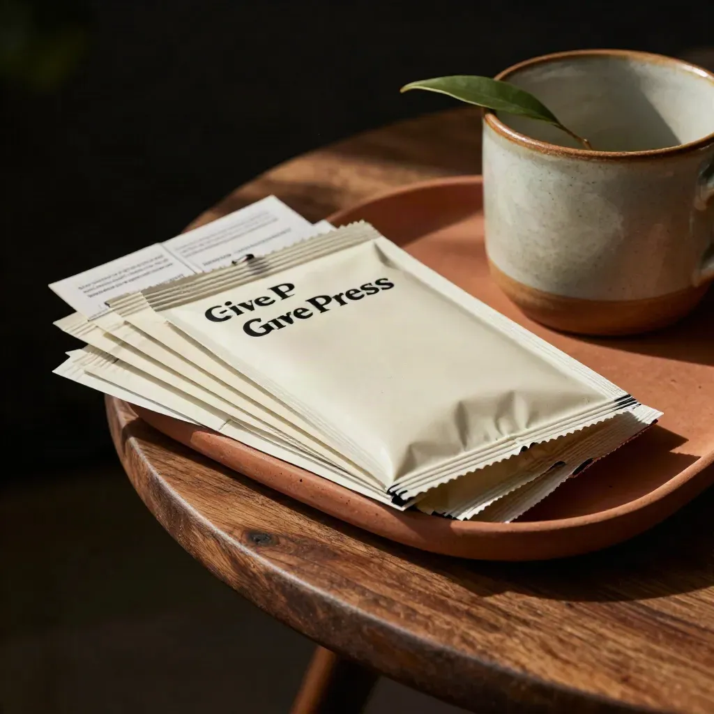 Grant story sample packets, face-down interview notes, mug and leafy stem on a terracotta tray.