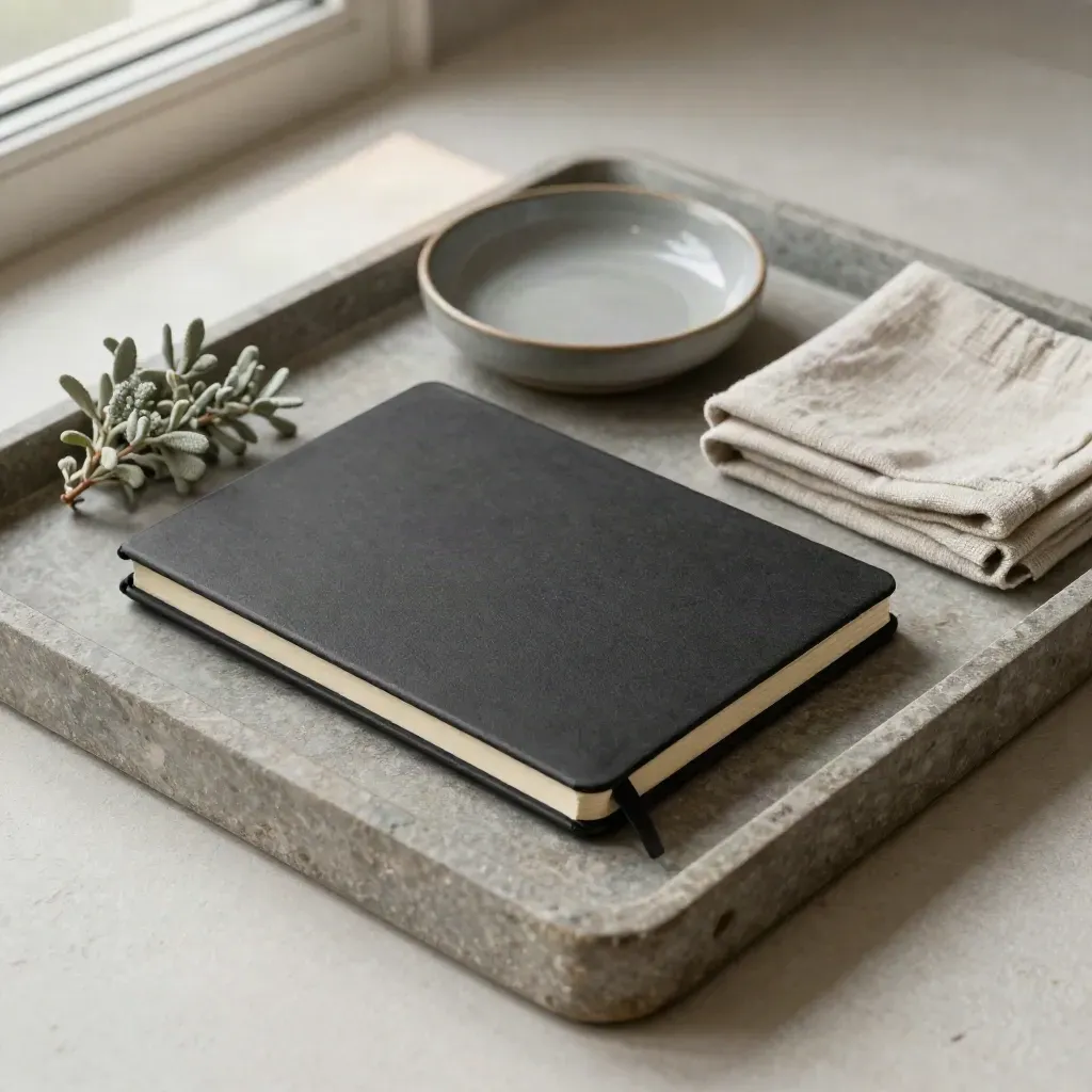 Black notebook, ceramic dish, cloth and plant arranged on a stone tray.